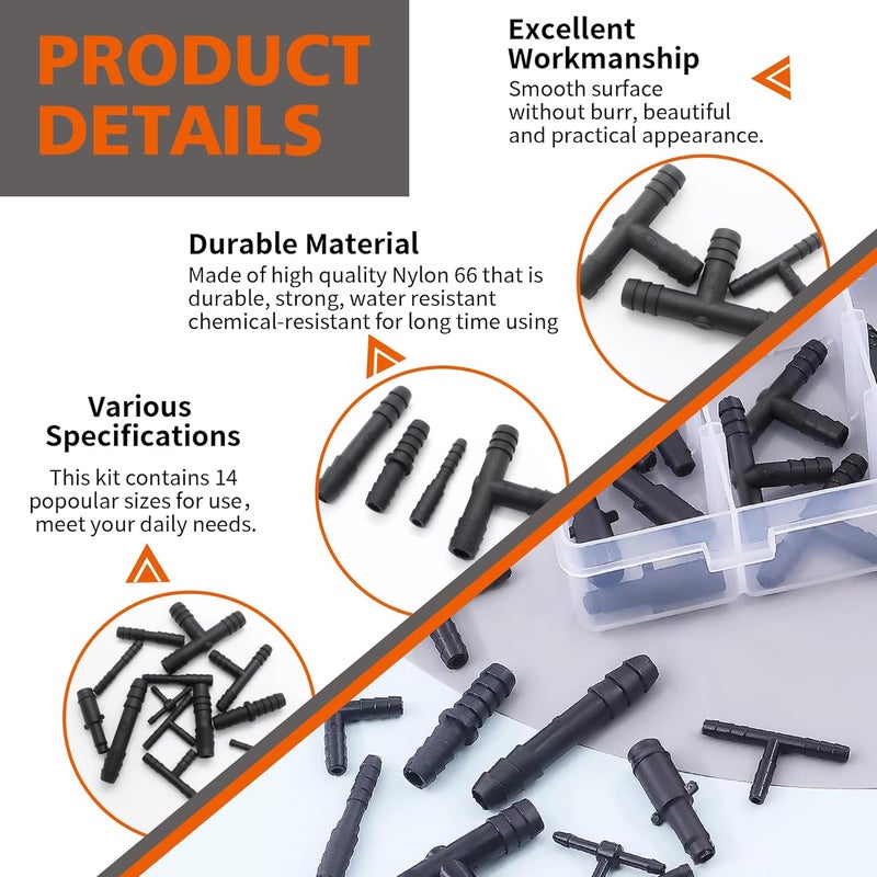 MINIMARU 119PCS Heat Resistant 240℃ (460℉) Nylon Connector Assortment for Automotive Vacuum Tubing Hose Vacuum Tee Kit 14 Sizes Black - Image 3
